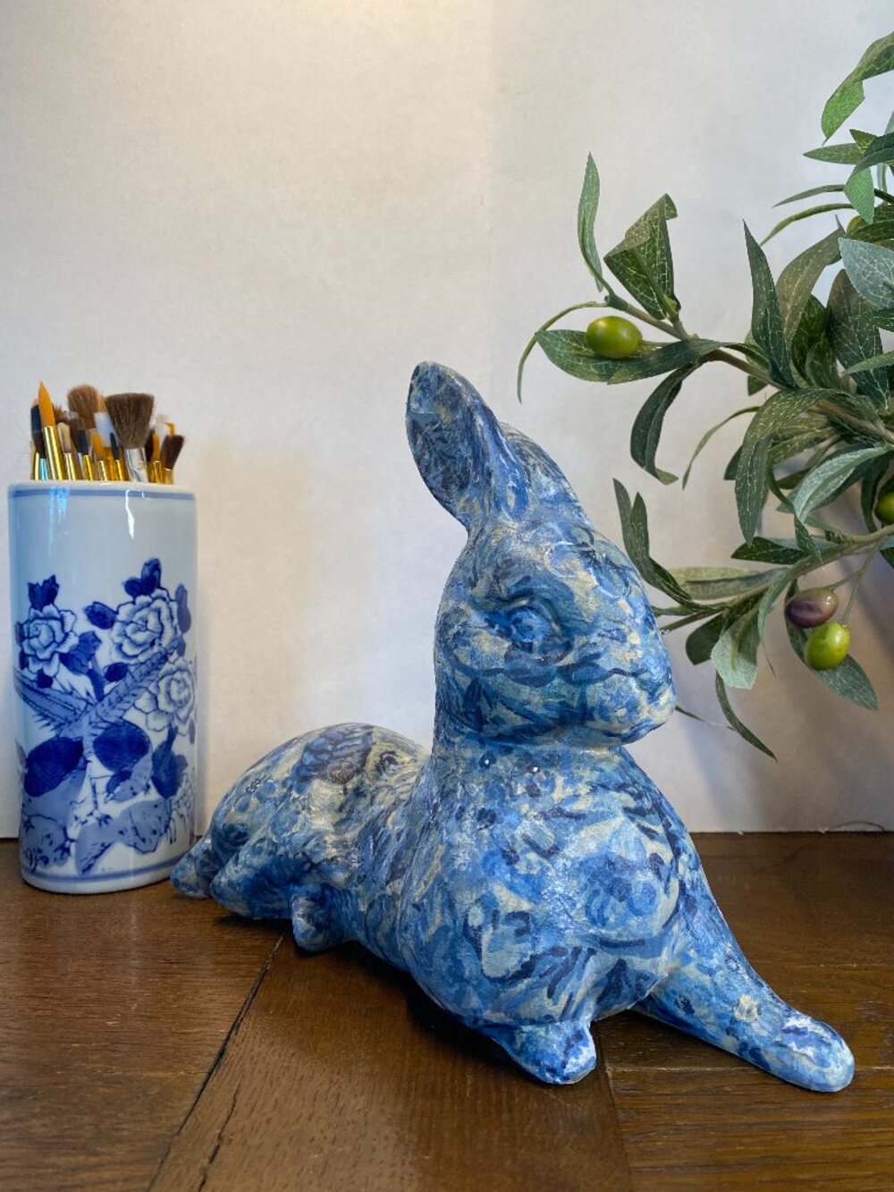 Poly-Resin Chinoiserie-Style Blue & White Decoupaged 12" Lying Bunny Rabbit